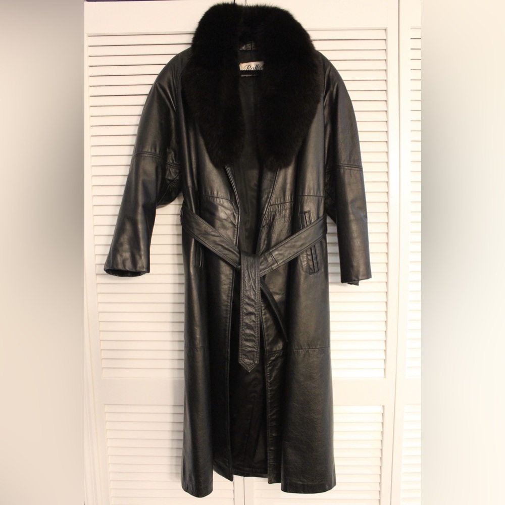 Vintage Black Leather Rallee Full Length Trench Coat with Fur Trim